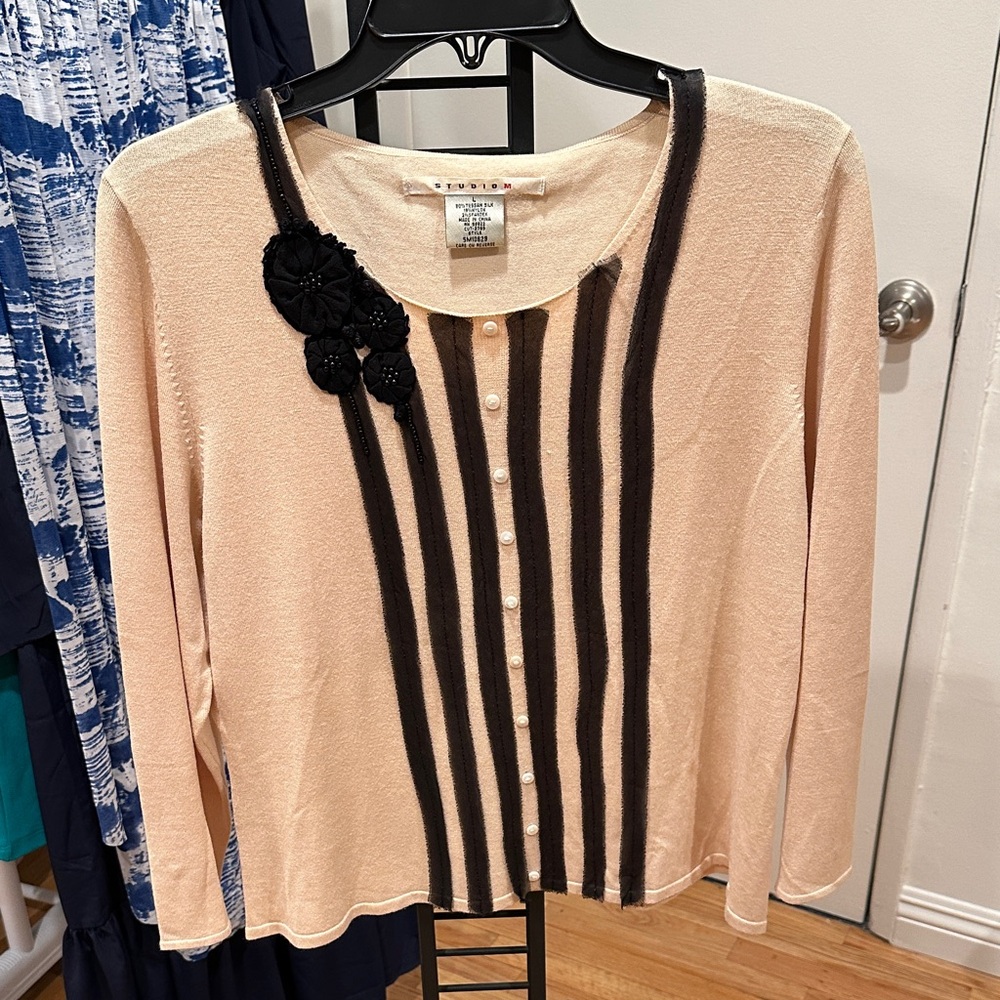 Studio M Cream and Black Striped Blouse 80% Tussah Silk